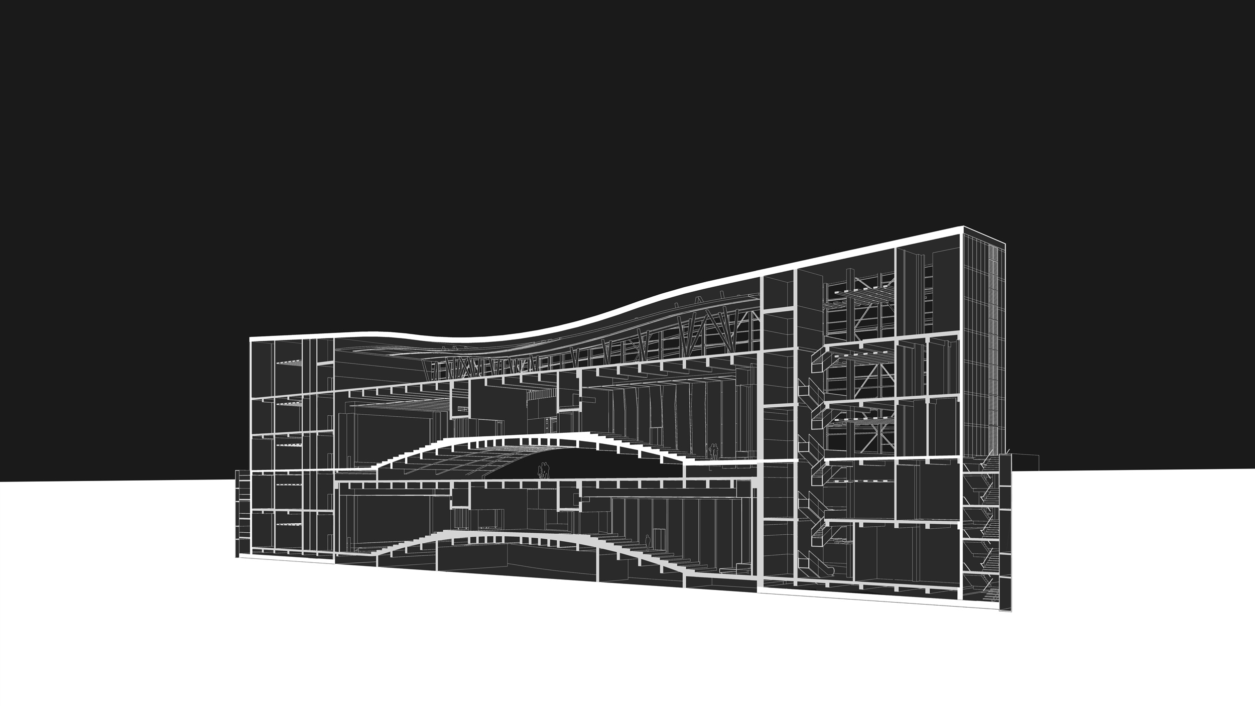 Plan mellat cineplex-padis mellat-park melat-reza daneshmir-cathrine spridonof- fma-fluid motion architects- رضا دانشمیر-کاترین اسپریدونف- پردیس سینمایی ملت-پارک ملت- حرکت سیال sketch Section-Perspective