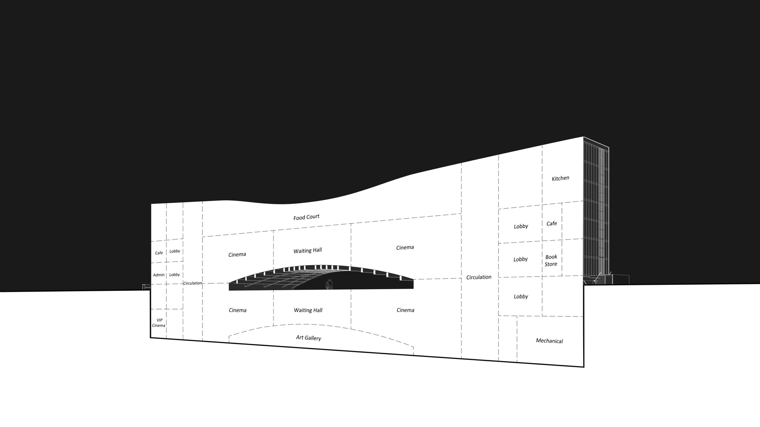 Plan mellat cineplex-padis mellat-park melat-reza daneshmir-cathrine spridonof- fma-fluid motion architects- رضا دانشمیر-کاترین اسپریدونف- پردیس سینمایی ملت-پارک ملت- حرکت سیال sketch Section-Perspective