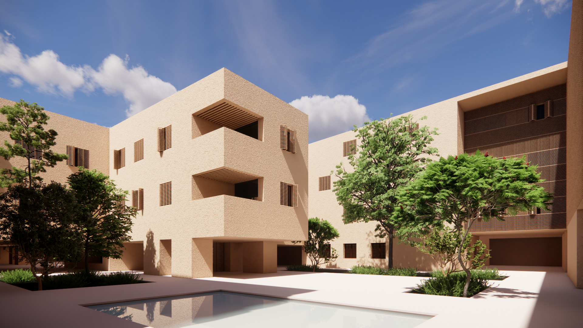 Safayieh Residential Complexinternal gardens view in Yazd by Fluid Motion Architects, designed by Reza Daneshmir and Catherine Spiridonoff