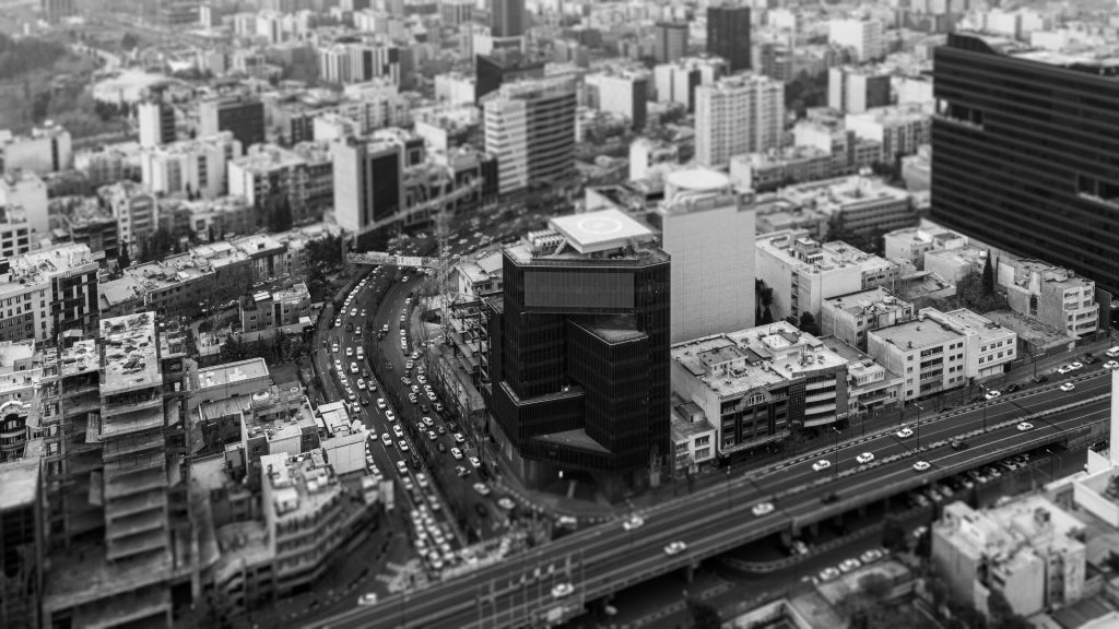 bird view Photography of Mika Knots Office & Commercial Tower in Tehran Mirdamad by Fluid Motion Architects, designed by Reza Daneshmir and Catherine Spiridonoff