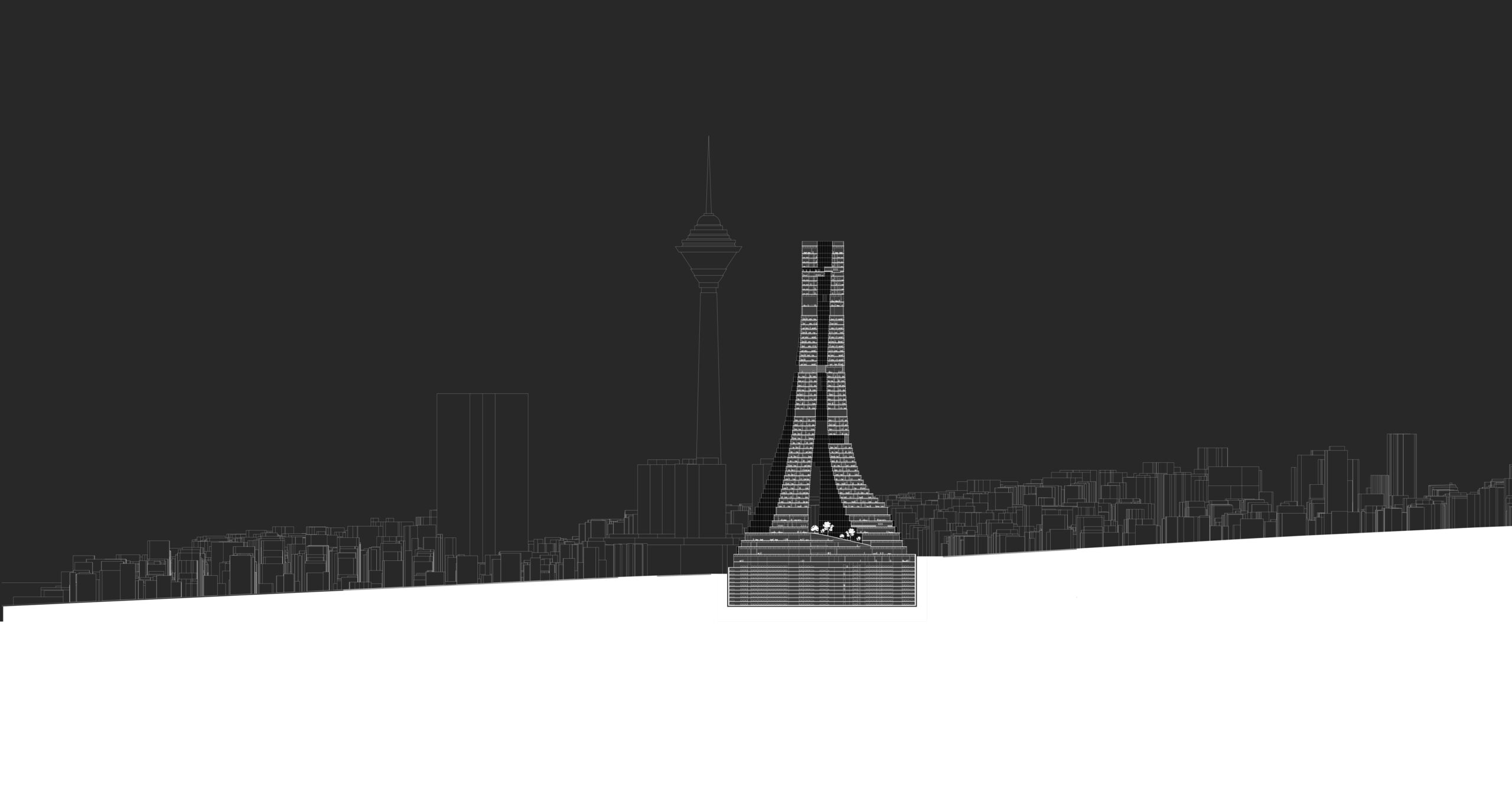 world trade center-reza daneshmir-cathrine spridonof- fma-fluid motion architects- رضا دانشمیر-کاترین اسپریدونف- حرکت سیال sketch.functional diagram. architecture competition-center of tehran. مسابقات معماری- ساختمان تجارت جهانی تهران. کاربری فضایی.render.section.مقطع