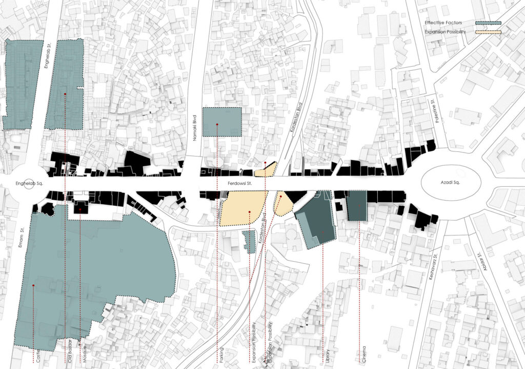 Ferdowsi Pedestrain Neighbourhood Functions Diagram in Sanandaj in Kermanshah, by Fluid Motion Architects, designed by Reza Daneshmir and Catherine Spiridonoff