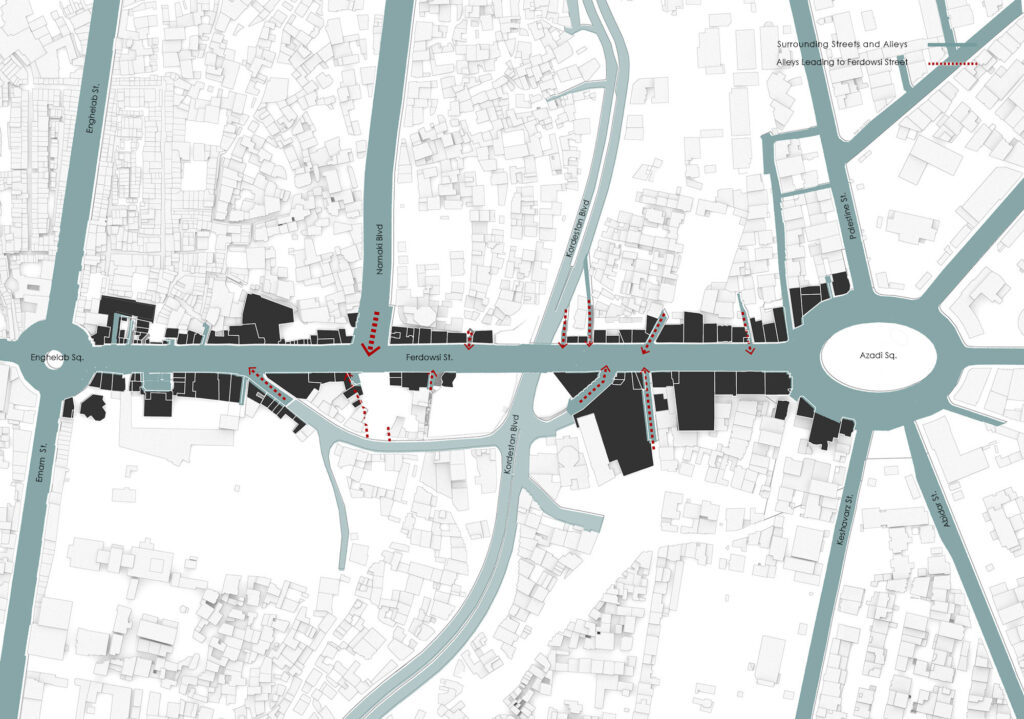 Ferdowsi Pedestrain Neighbourhood Access Diagram in Sanandaj in Kermanshah, by Fluid Motion Architects, designed by Reza Daneshmir and Catherine Spiridonoff