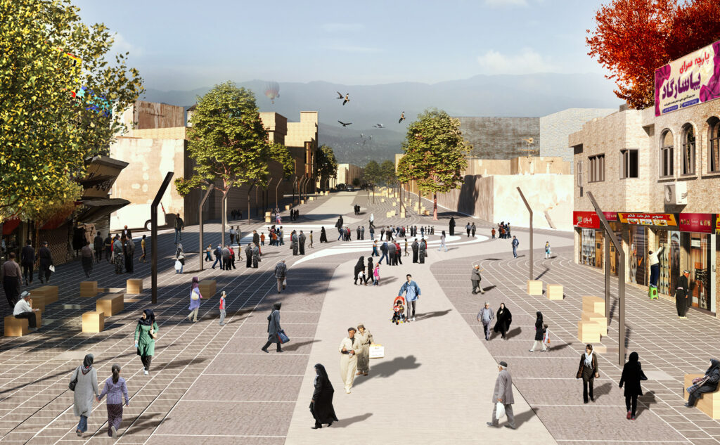 Ferdowsi Pedestrain Exterior Urban Render in Sanandaj in Kermanshah, by Fluid Motion Architects, designed by Reza Daneshmir and Catherine Spiridonoff