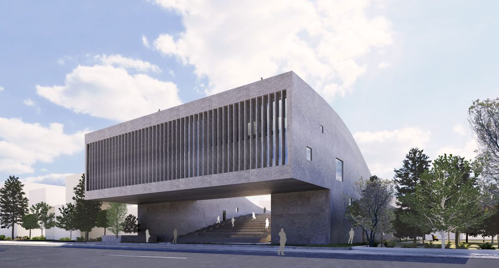 Plot E&F, R&D building exterior landscape render in Tehran by Fluid Motion Architects, designed by Reza Daneshmir and Catherine Spiridonoff