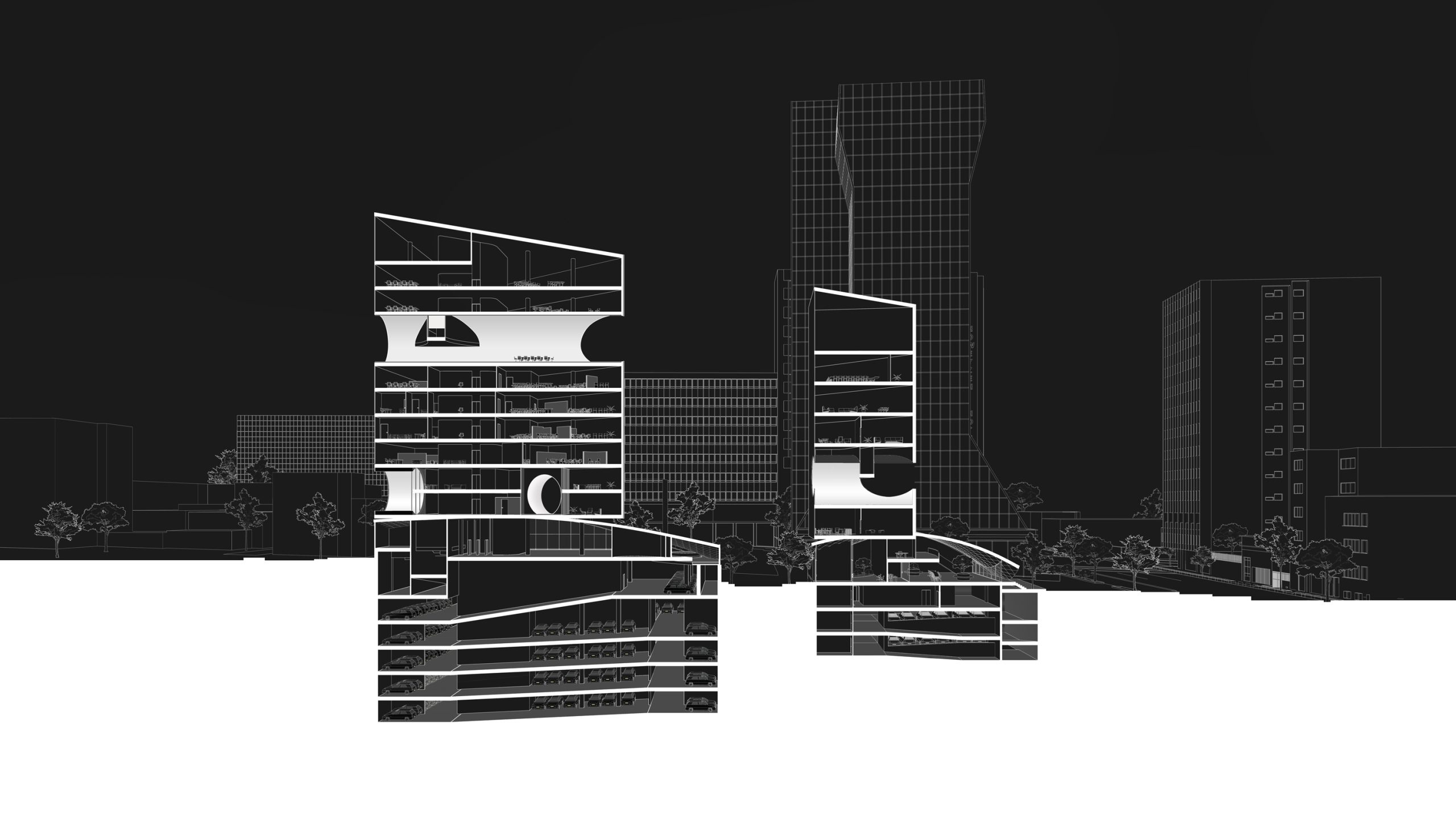 Afra and Firoozeh (Tejarat Bank) office building architectural section in Tehran by Fluid Motion Architects, designed by Reza Daneshmir and Catherine Spiridonoff