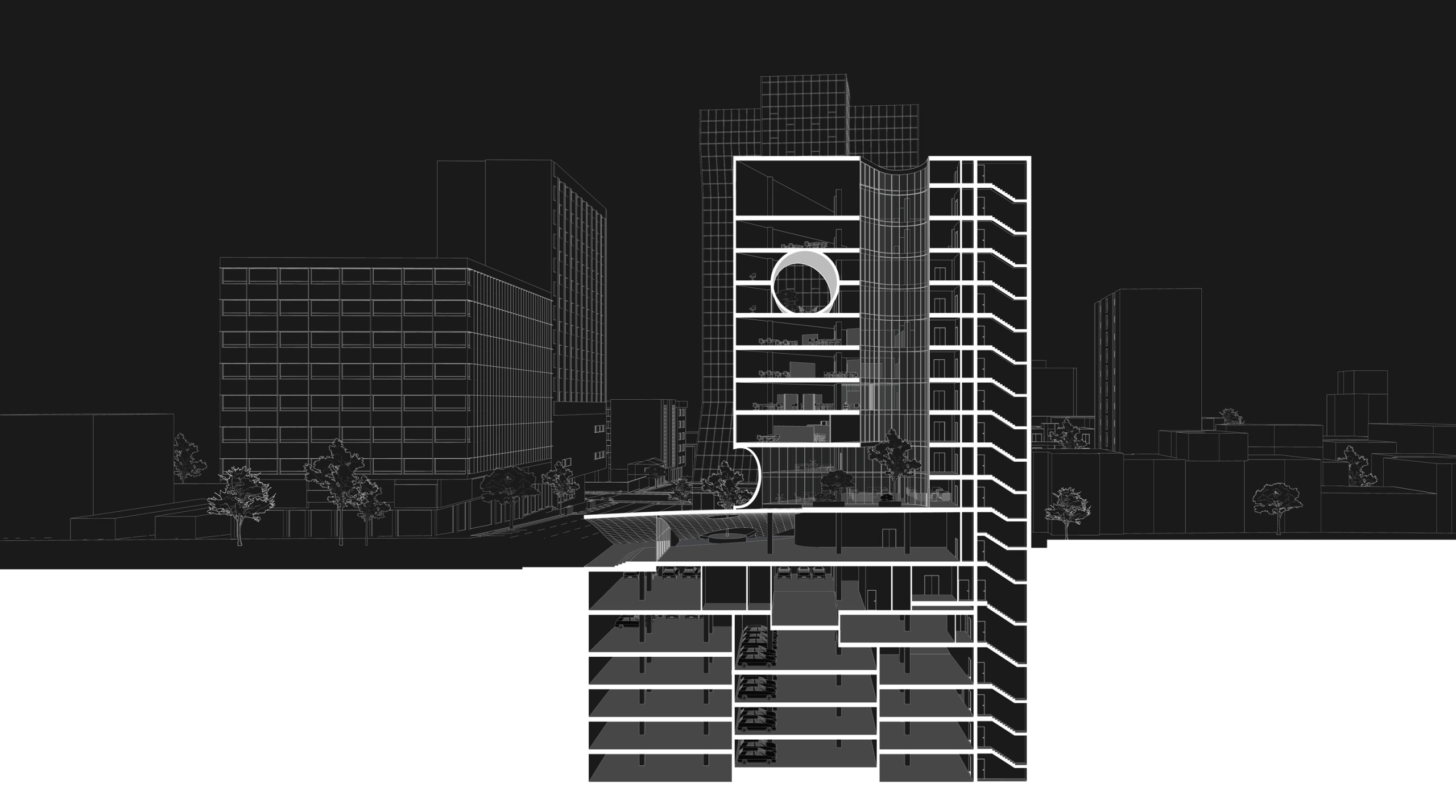 Afra and Firoozeh (Tejarat Bank) office building black & white section in Tehran by Fluid Motion Architects, designed by Reza Daneshmir and Catherine Spiridonoff