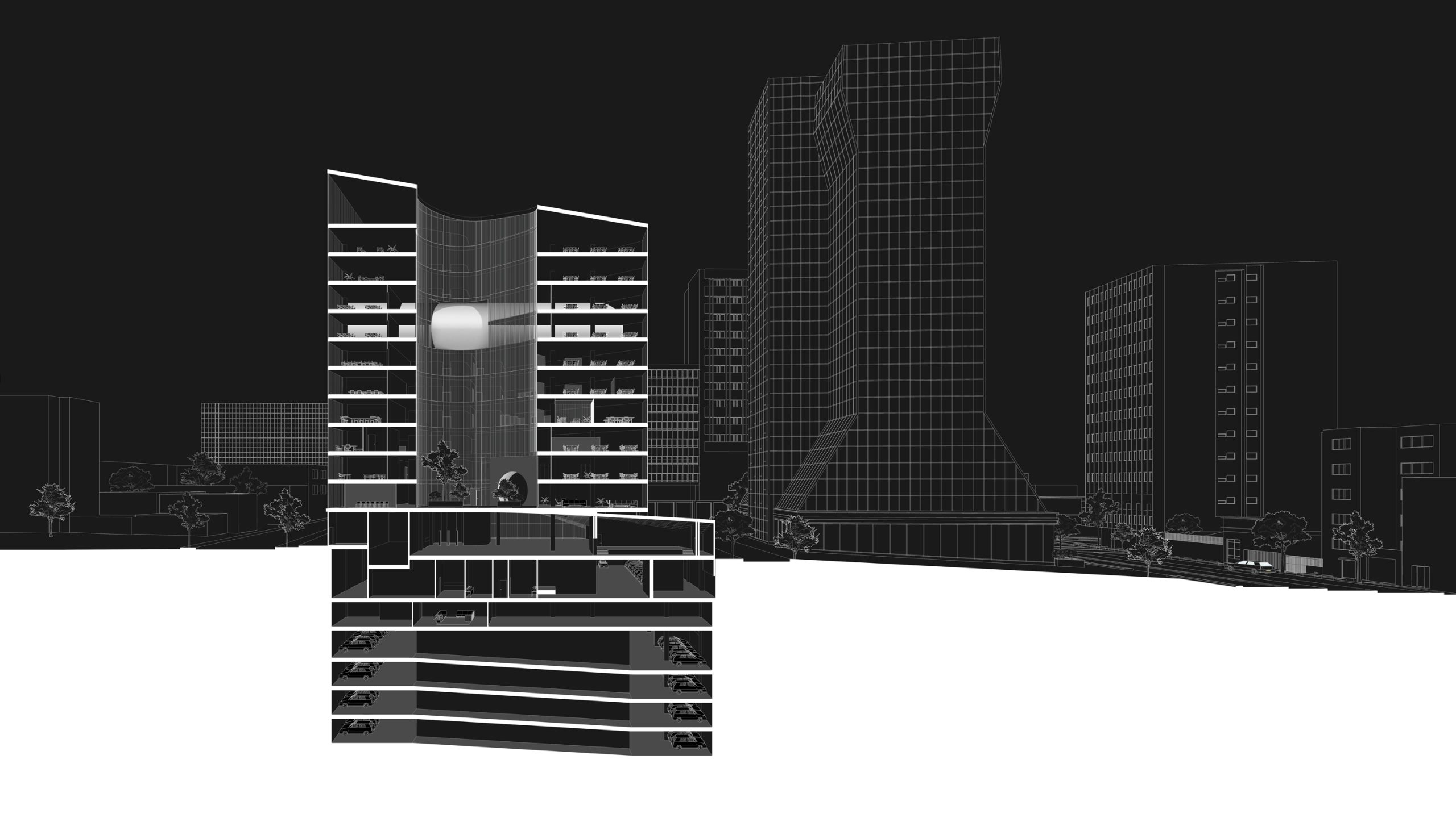 Afra and Firoozeh (Tejarat Bank) office building black & white section in Tehran by Fluid Motion Architects, designed by Reza Daneshmir and Catherine Spiridonoff