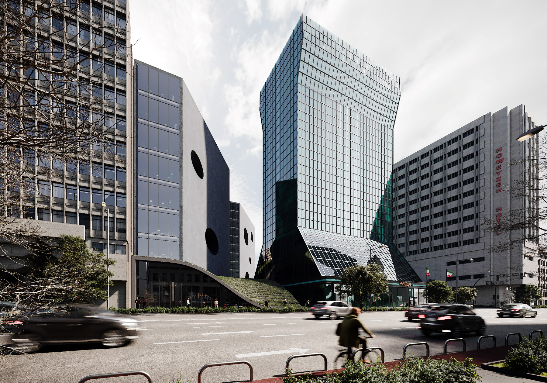Afra and Firoozeh (Tejarat Bank) office building 3D visualization in Tehran by Fluid Motion Architects, designed by Reza Daneshmir and Catherine Spiridonoff
