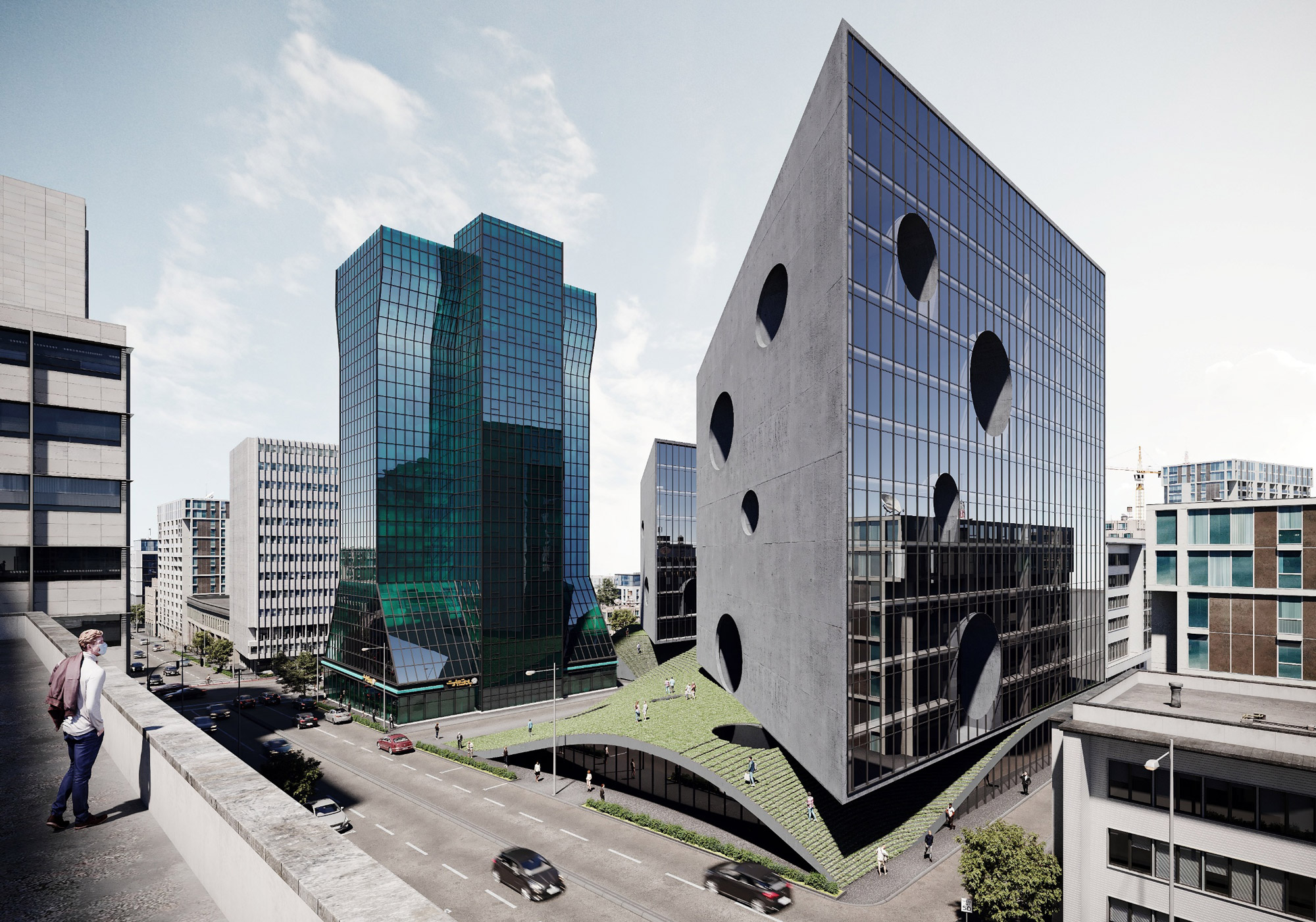 Afra and Firoozeh (Tejarat Bank) office building exterior Render in Tehran, by Fluid Motion Architects, designed by Reza Daneshmir and Catherine Spiridonoff