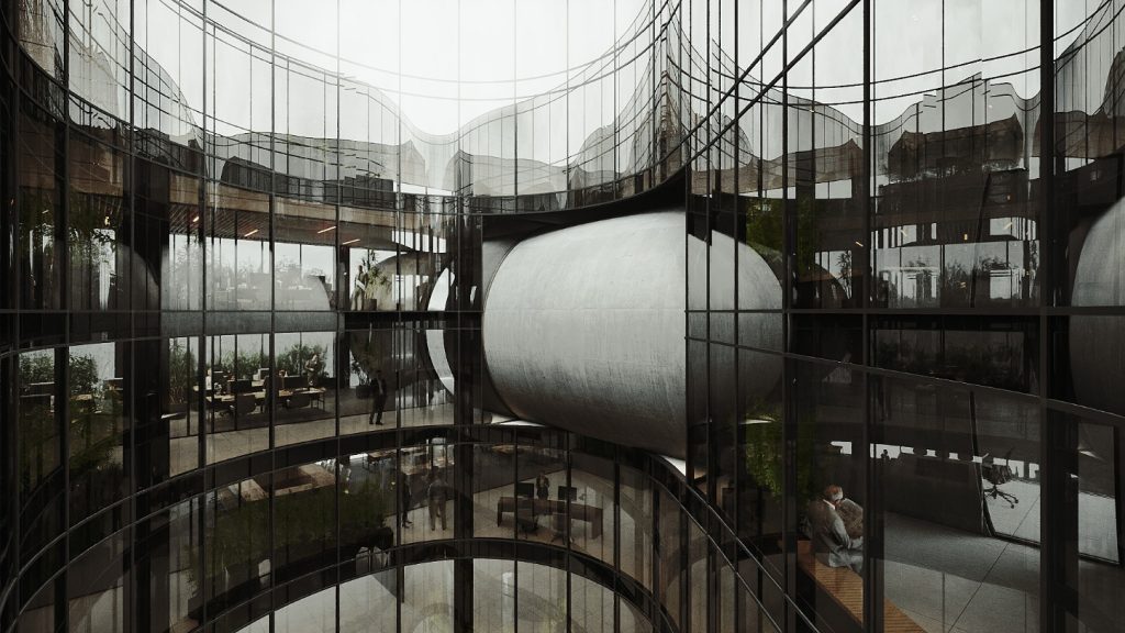 Afra and Firoozeh (Tejarat Bank) office building interior view in Tehran by Fluid Motion Architects, designed by Reza Daneshmir and Catherine Spiridonoff