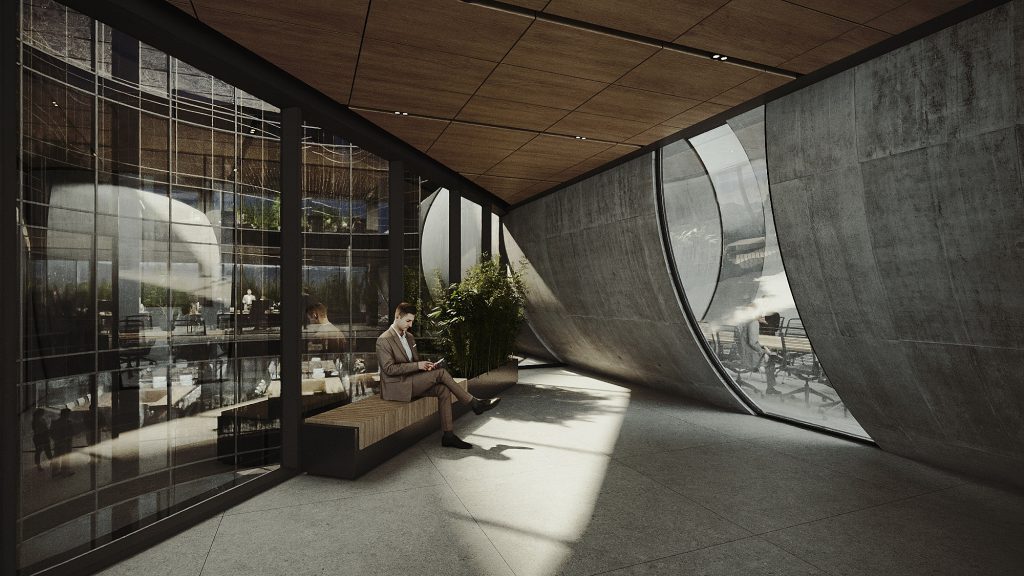 Afra and Firoozeh (Tejarat Bank) office building interior view in Tehran by Fluid Motion Architects, designed by Reza Daneshmir and Catherine Spiridonoff