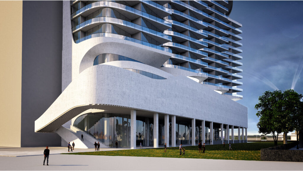 Solaris Tower Exterior Entrance View in Mazandaran by Fluid Motion Architects, designed by Reza Daneshmir and Catherine Spiridonoff