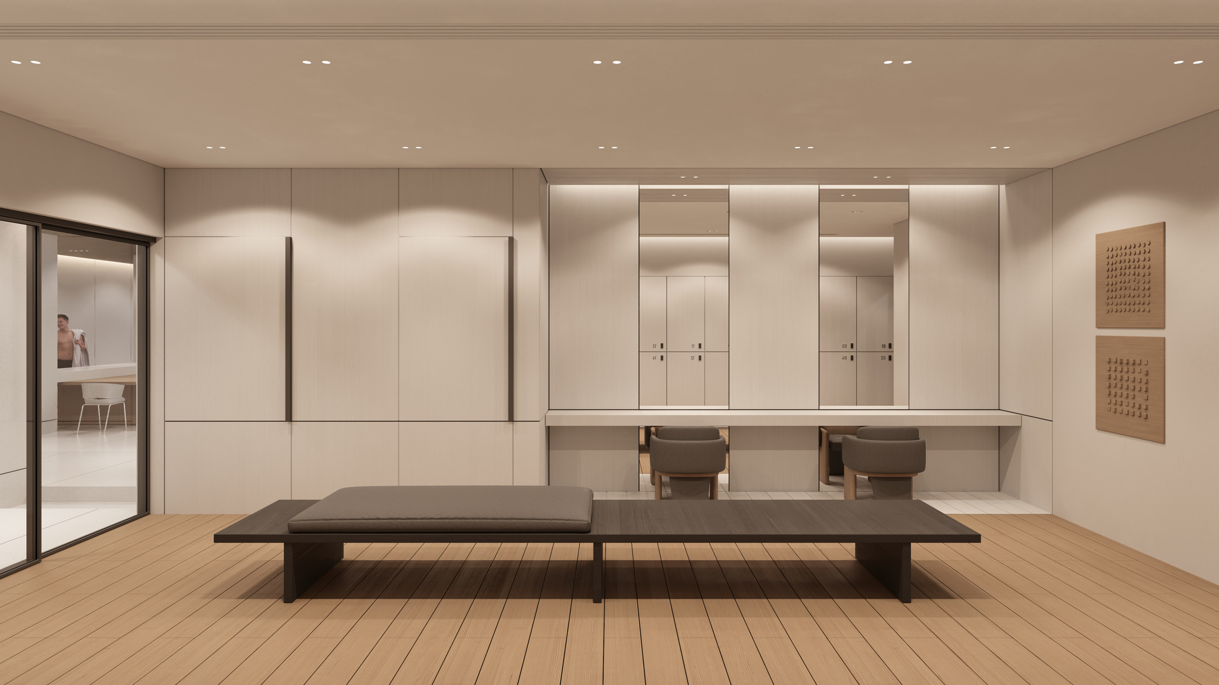 Unex Tower Residential building pool locker room interior in Tehran by Fluid Motion Architects, designed by Reza Daneshmir and Catherine Spiridonoff