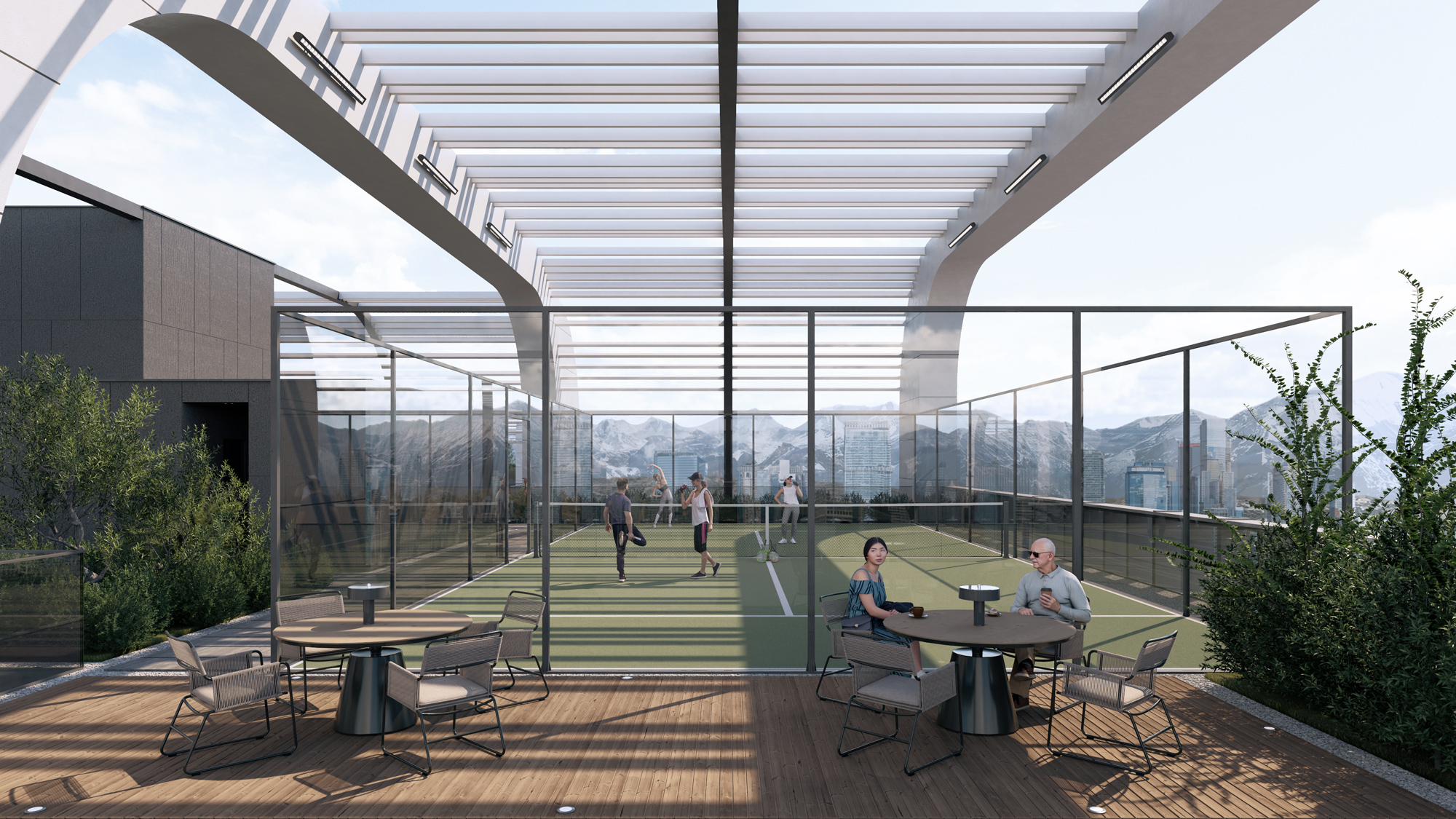 Unex Tower Residential building roof garden tennis court in Tehran by Fluid Motion Architects, designed by Reza Daneshmir and Catherine Spiridonoff