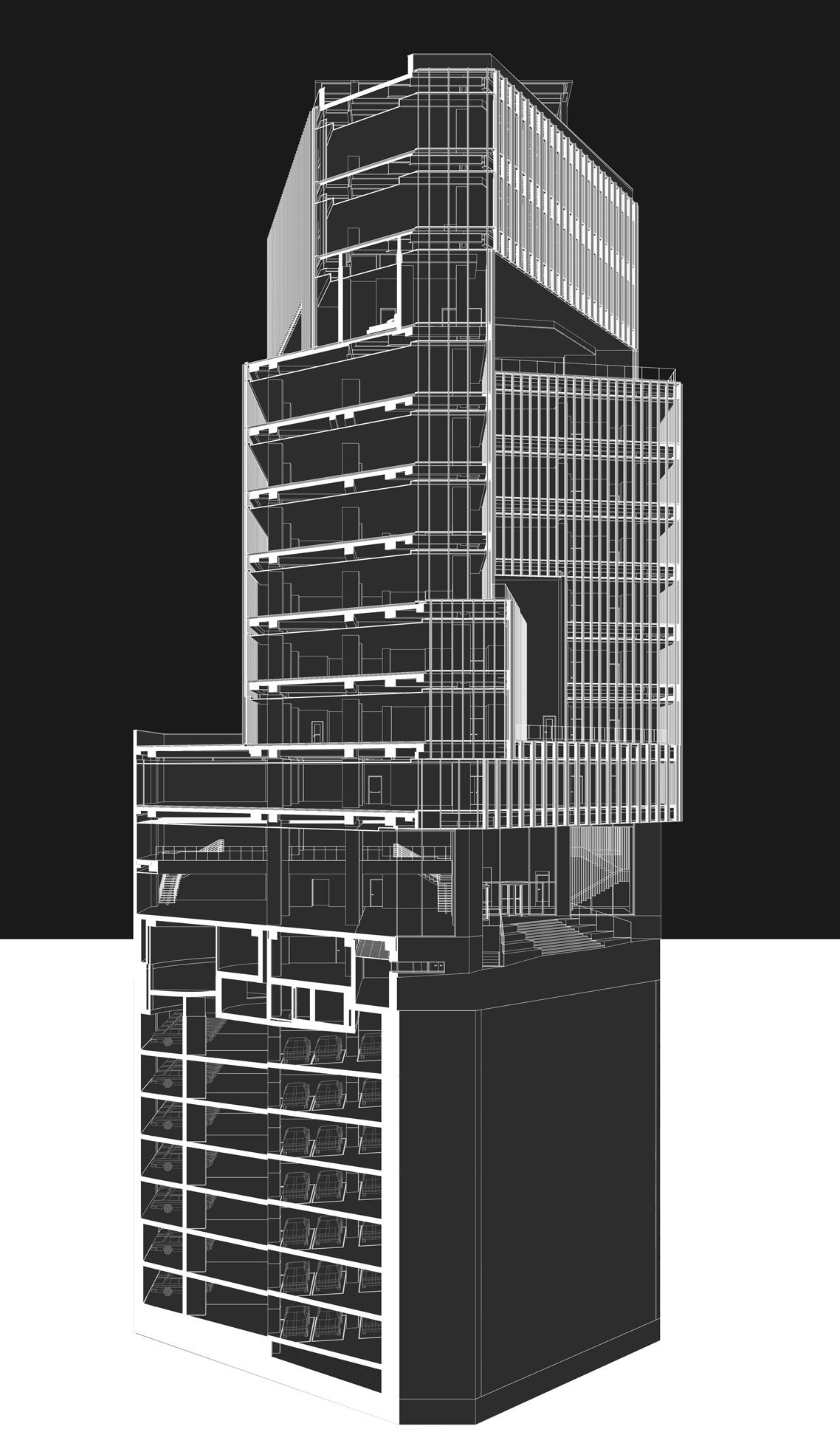 Mika Knots Office & Commercial Tower Section Diagram in Mirdamad, Tehran, by Fluid Motion Architects, designed by Reza Daneshmir and Catherine Spiridonoff